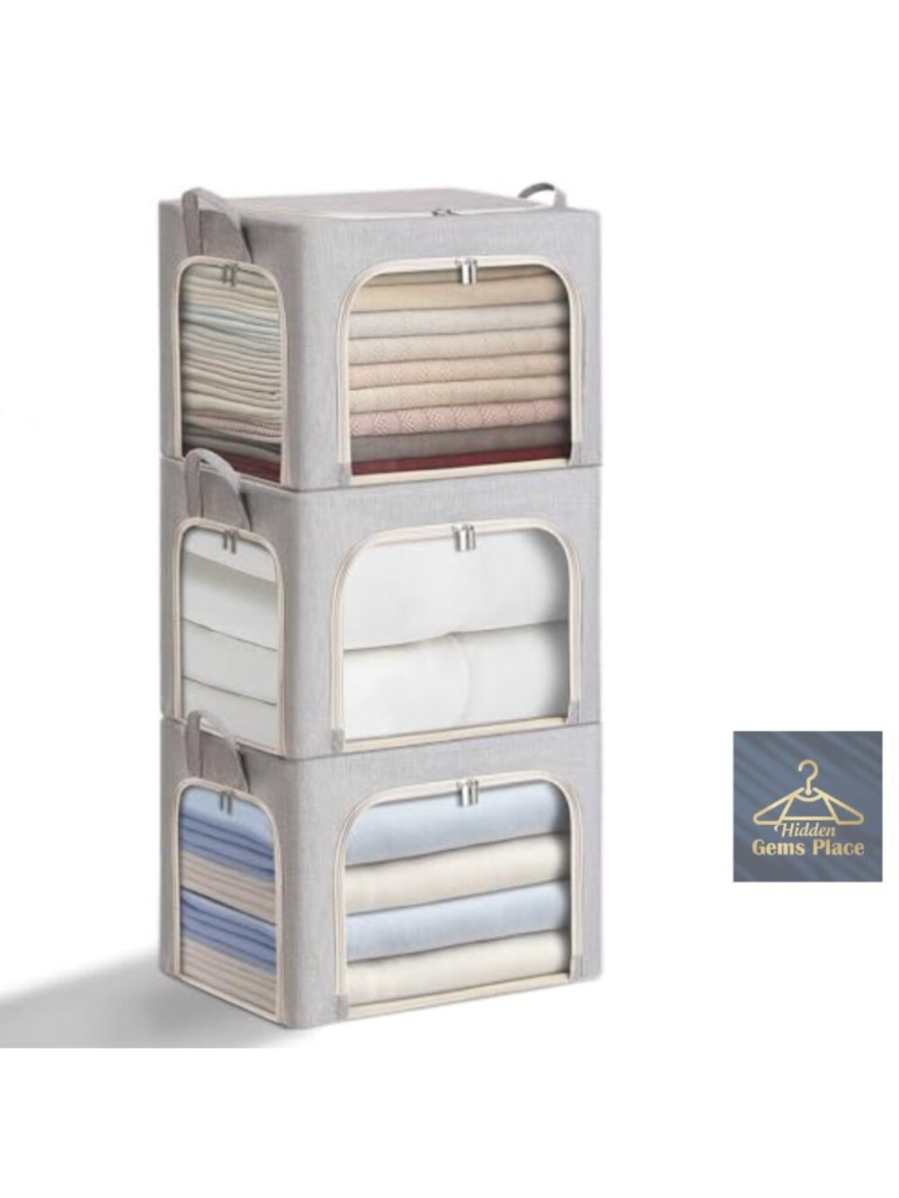 3-Side Zippered Storage Bins 40L Linen Fabric Foldable